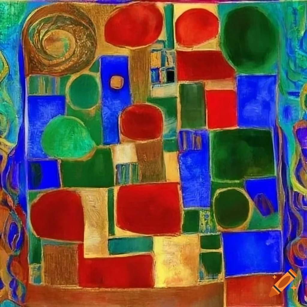Geometric abstract with deep red and emerald green colors and golden strokes
