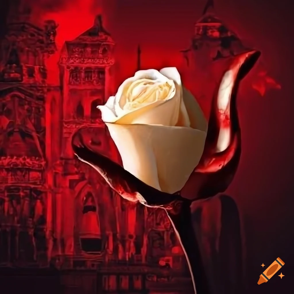 White rose stained with blood against a Paris city background