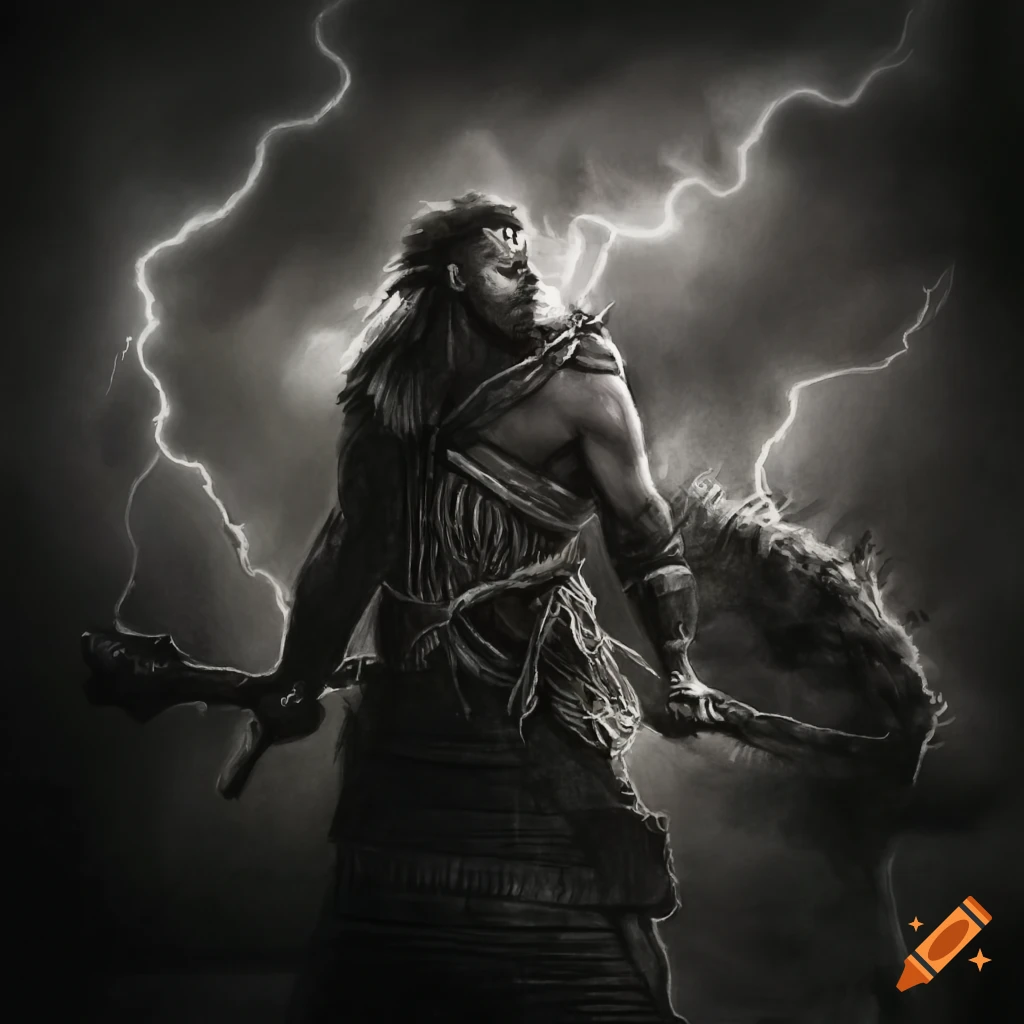 Norse god Vidar battling Fenrir wolf in a thunderstorm in charcoal drawing style
