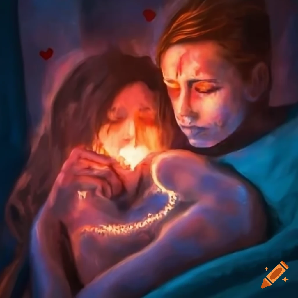 Painting of man and woman with glowing hearts