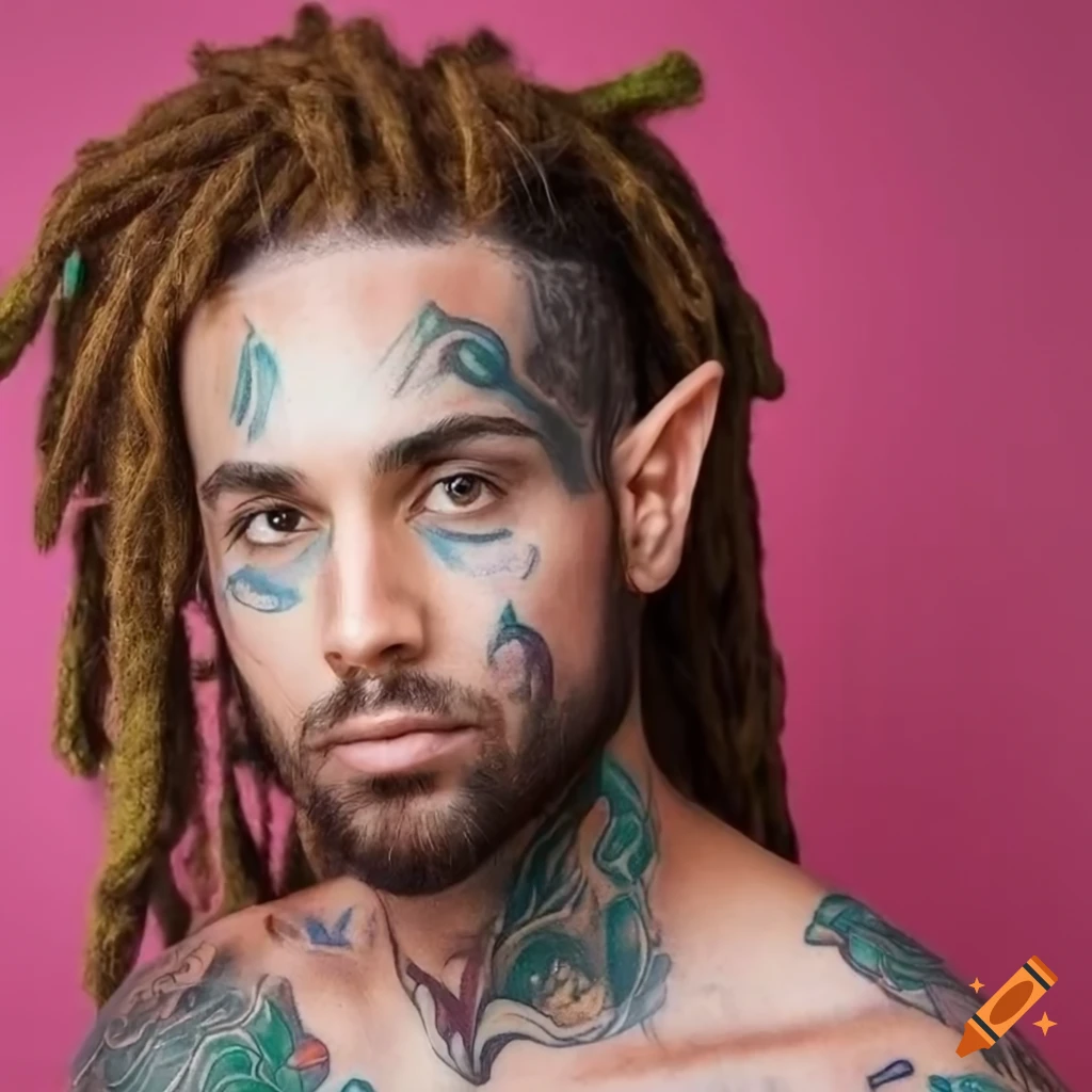 Closeup of a male sea elf with scale tattoos and dreadlocks on a pink background