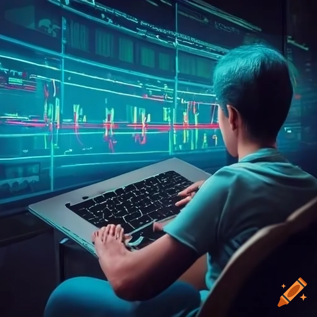 Person typing in trading room with 'trading_hub999' on t-shirt