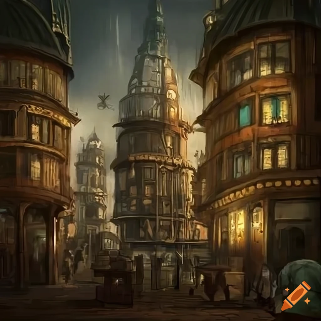 Steampunk city market concept art with high detail style on Craiyon