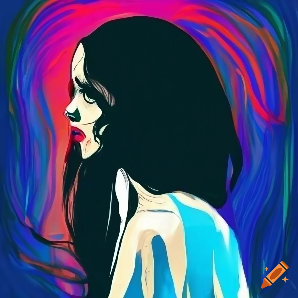 Silhouette of a woman with flowing hair in comic style against a background inspired by Edvard Munch's The Scream
