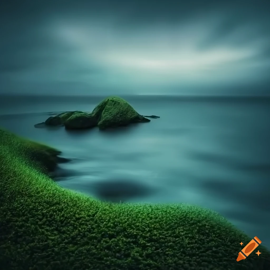 Grassy land overlooking ocean with grey skies and large rocks in a fantasy setting