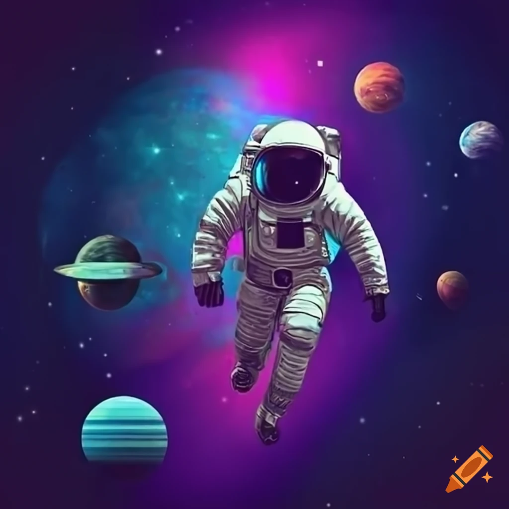 Retro-futuristic astronaut among colorful planets in outer space