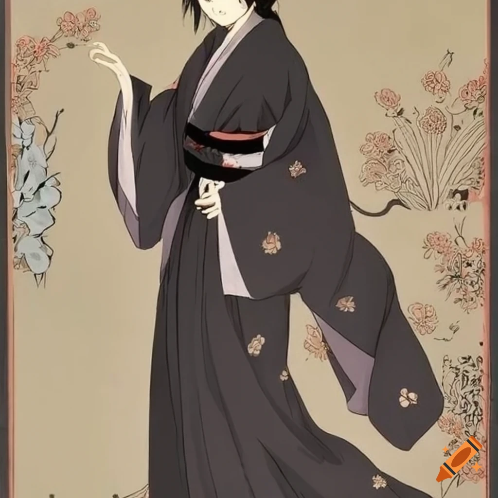 Graceful Japanese woman in black robe with white scarf