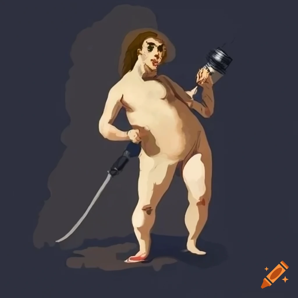 Goya-inspired illustration of a man with a diabolical face walking with a water bottle