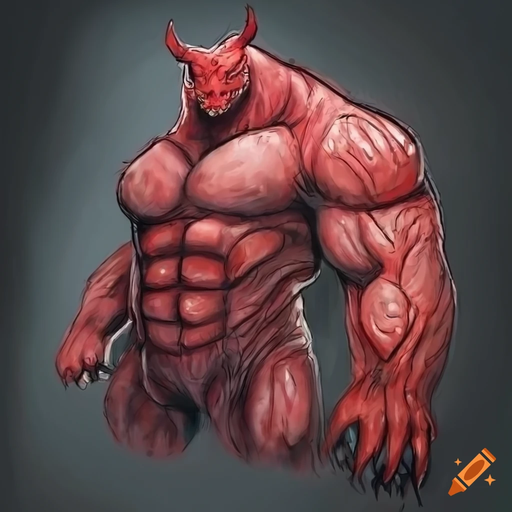 Muscular red rhino monster with thick fur in sci-fi realism sketch