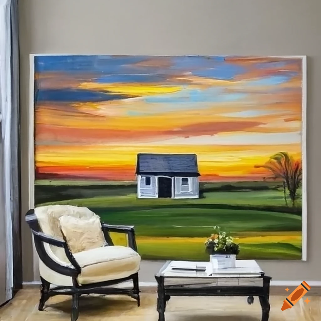 Farmhouse at sunset painting in a living room