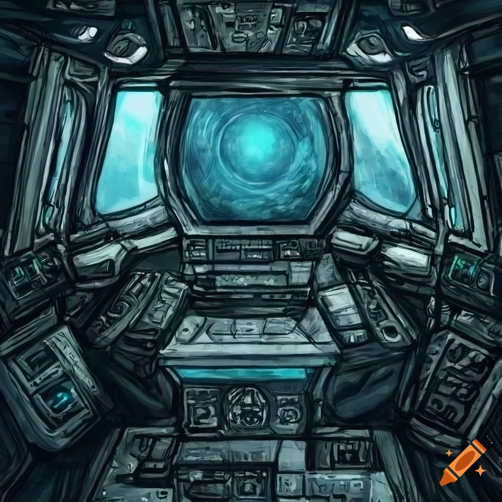 Sci-fi spaceship submarine cockpit in rough sketch art