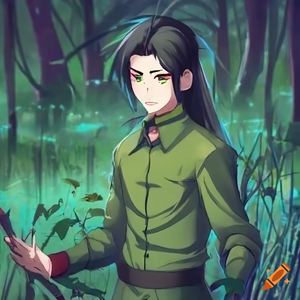 Gorgeous young man with deep green irises and long black hair, wearing olive-green shirt