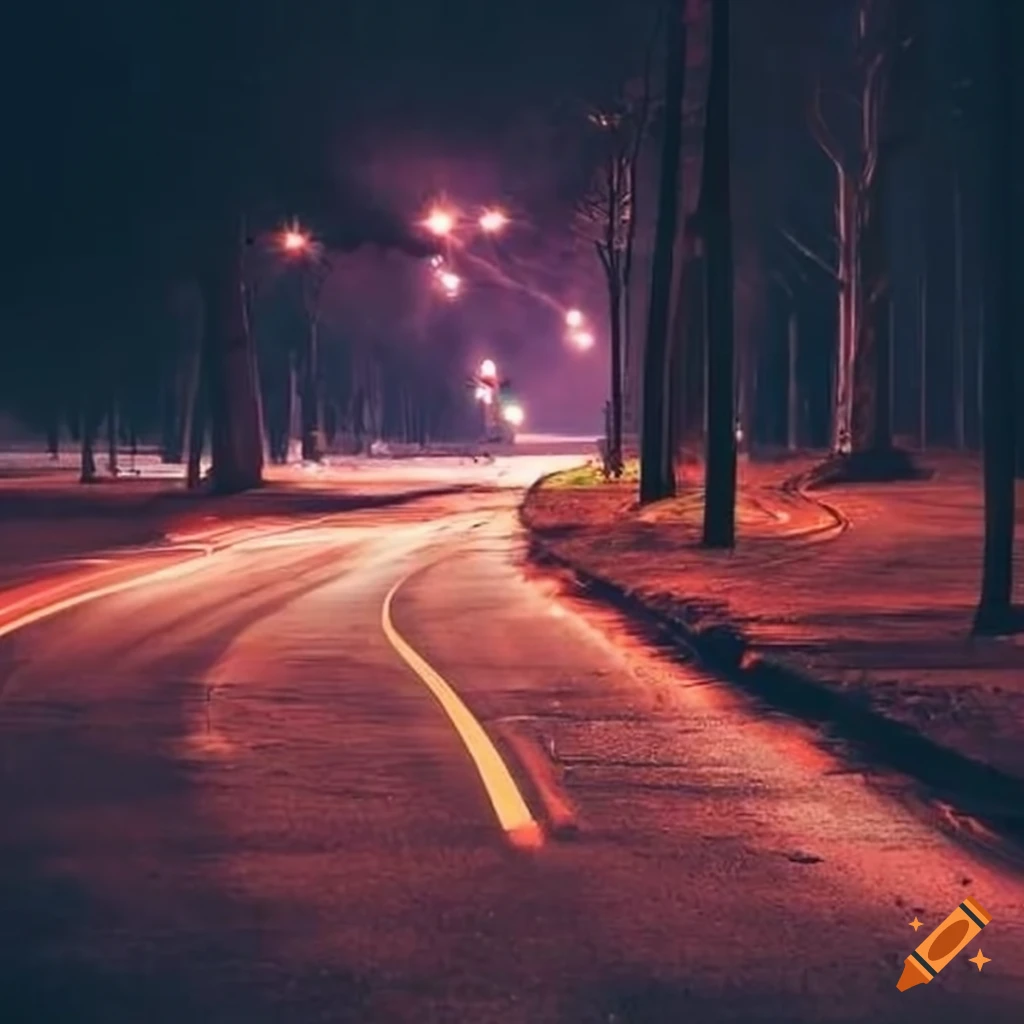 Empty road next to a gas station at night