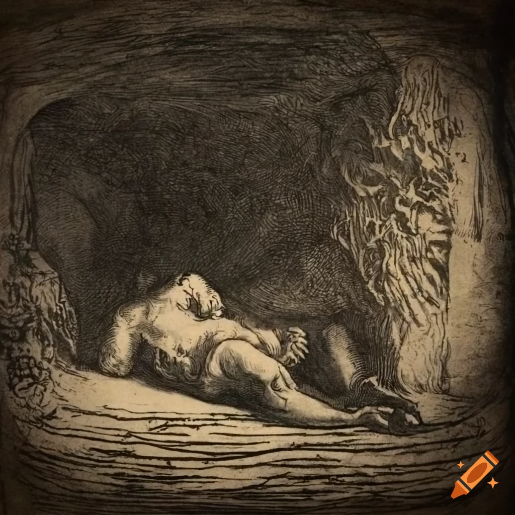 Antique etching print of a sleeping bearded man in a cave