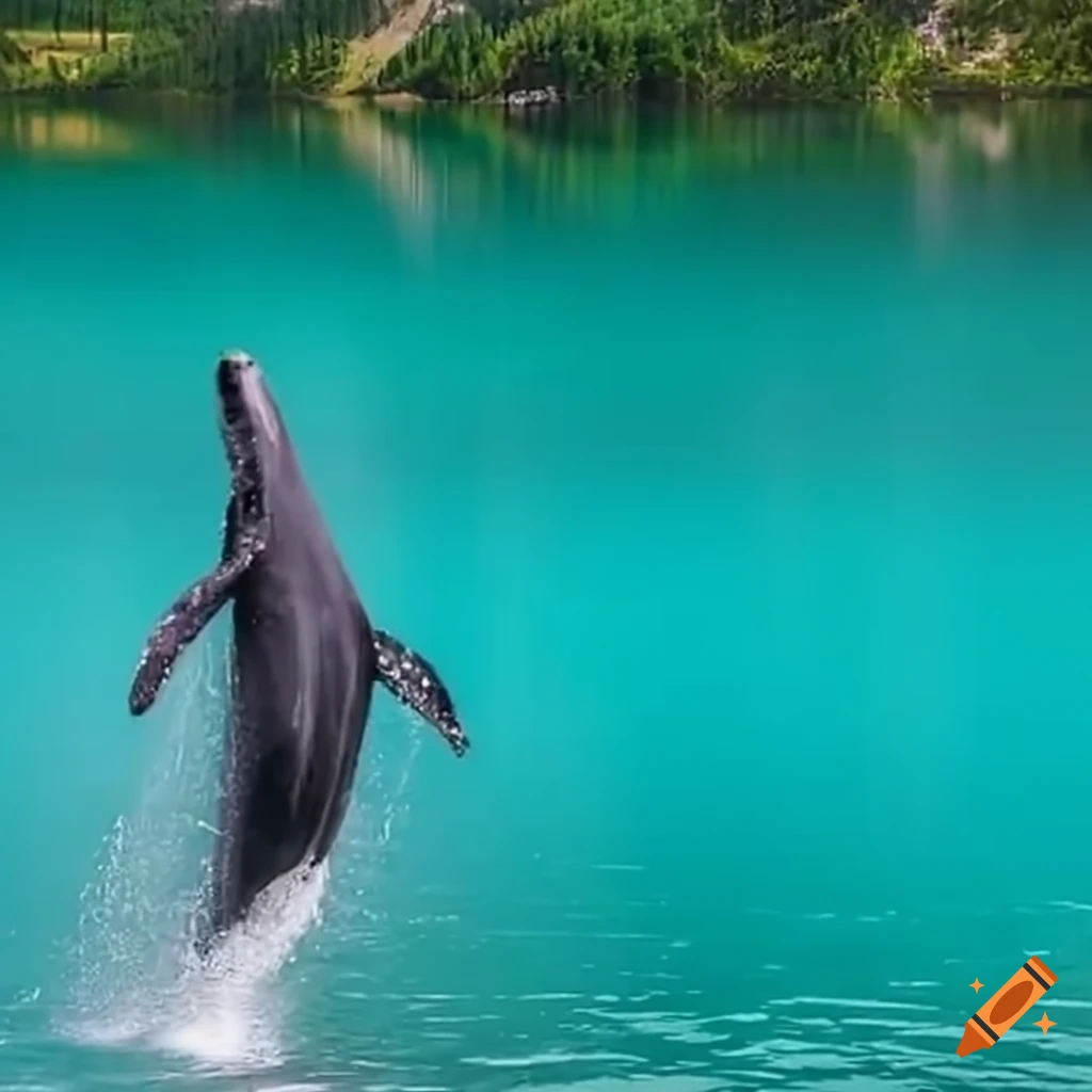 Whale jumping in a turquoise lake amidst mountains