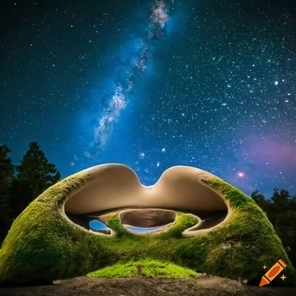 Biomorphic helic stone buildings on a moss-covered floating island in space during a starry sunset