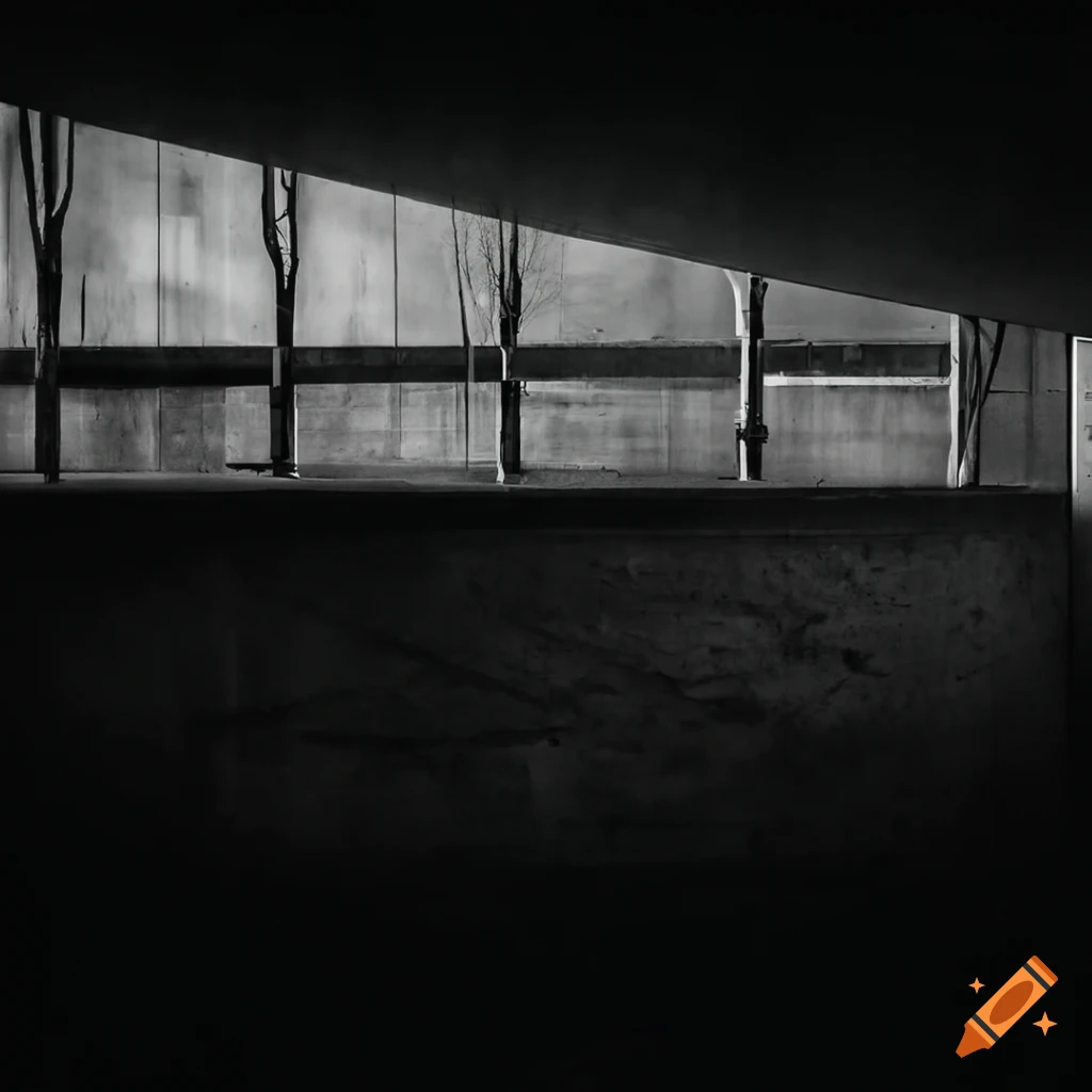 Chiaroscuro monochrome brutalist institution with strong light source contrast