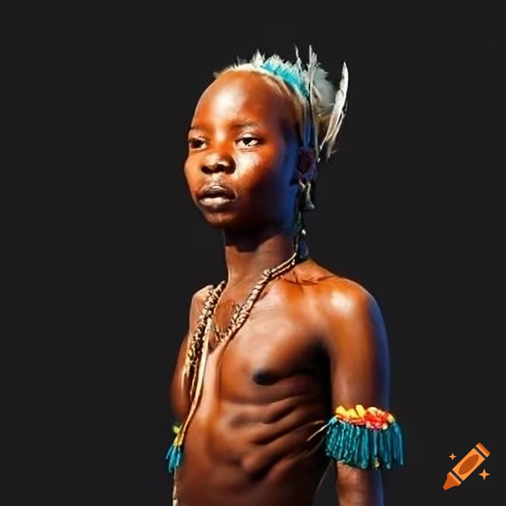 Slim person from an African tribe with feathers