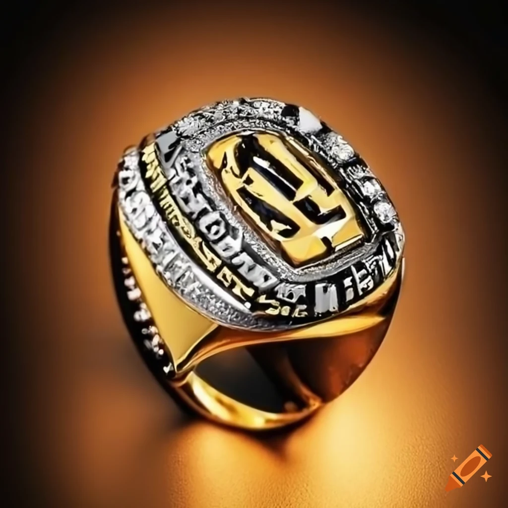 Superbowl championship gold ring with custom words and gs design on Craiyon