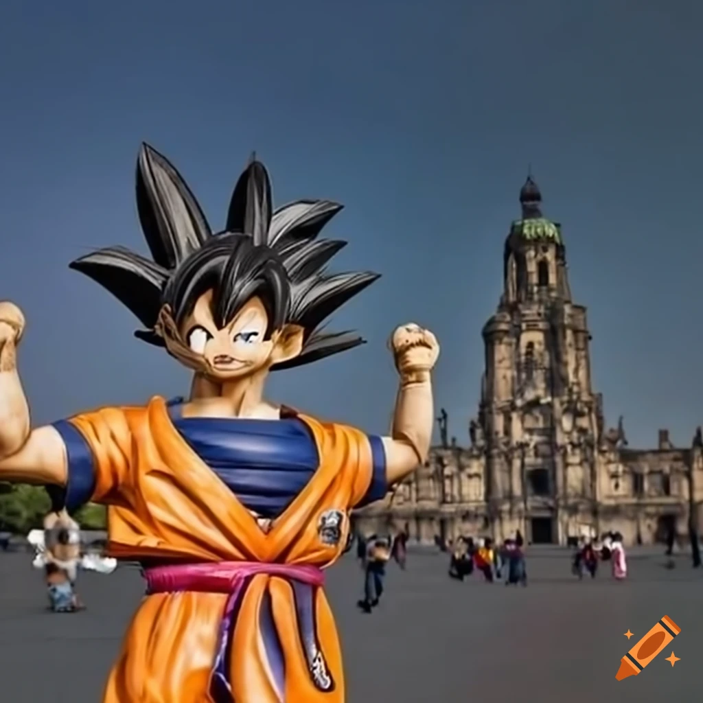 Iconic goku statue towering over mexico city's urban landscape on Craiyon