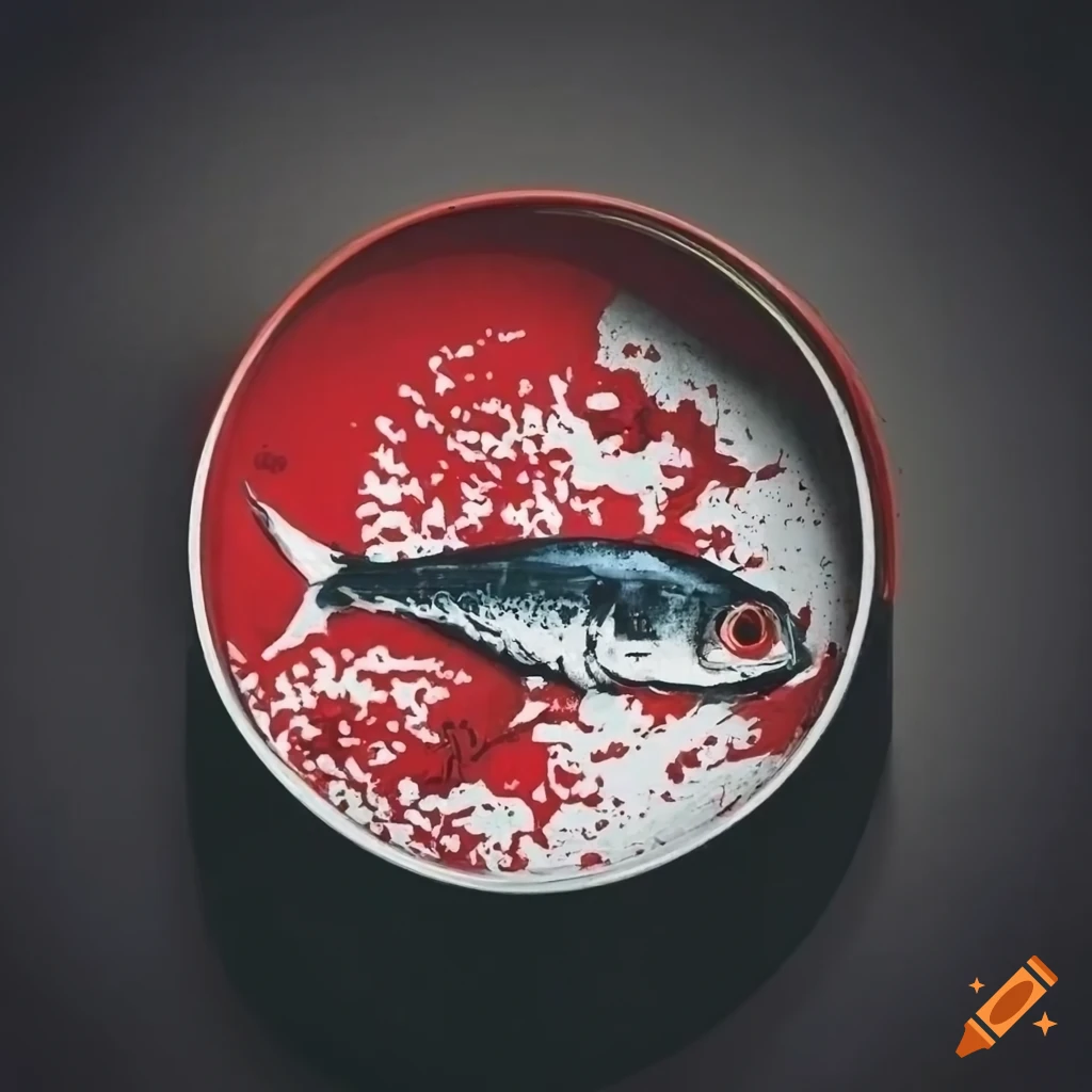 3 layer red, white, and black stencil of sardines in a tin inspired by Banksy style