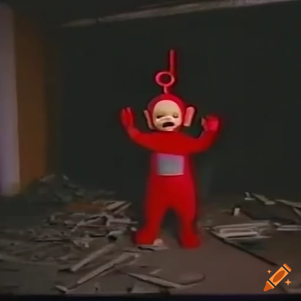 90s vintage VHS footage of abandoned room with red Teletubbie in corner