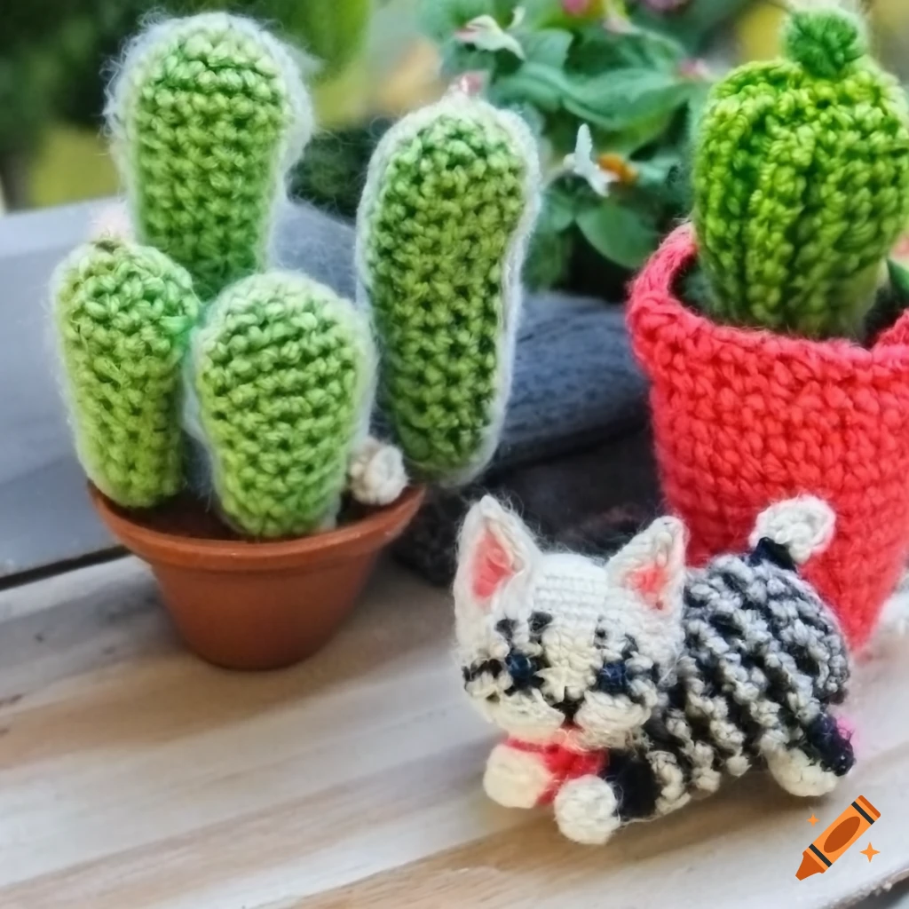 Crochet kitten beside a crochet cactus in a pot