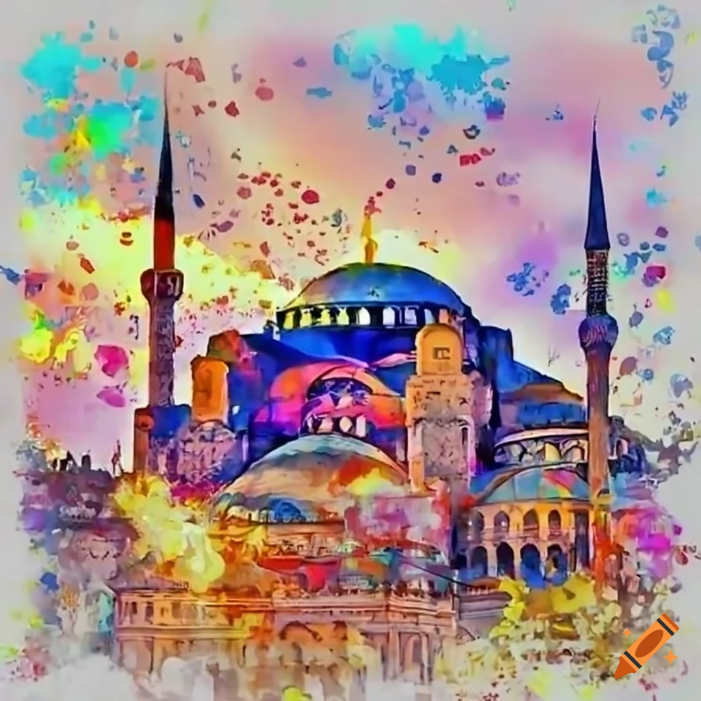 Aya Sofia mosque with Ramadan greetings text between minarets