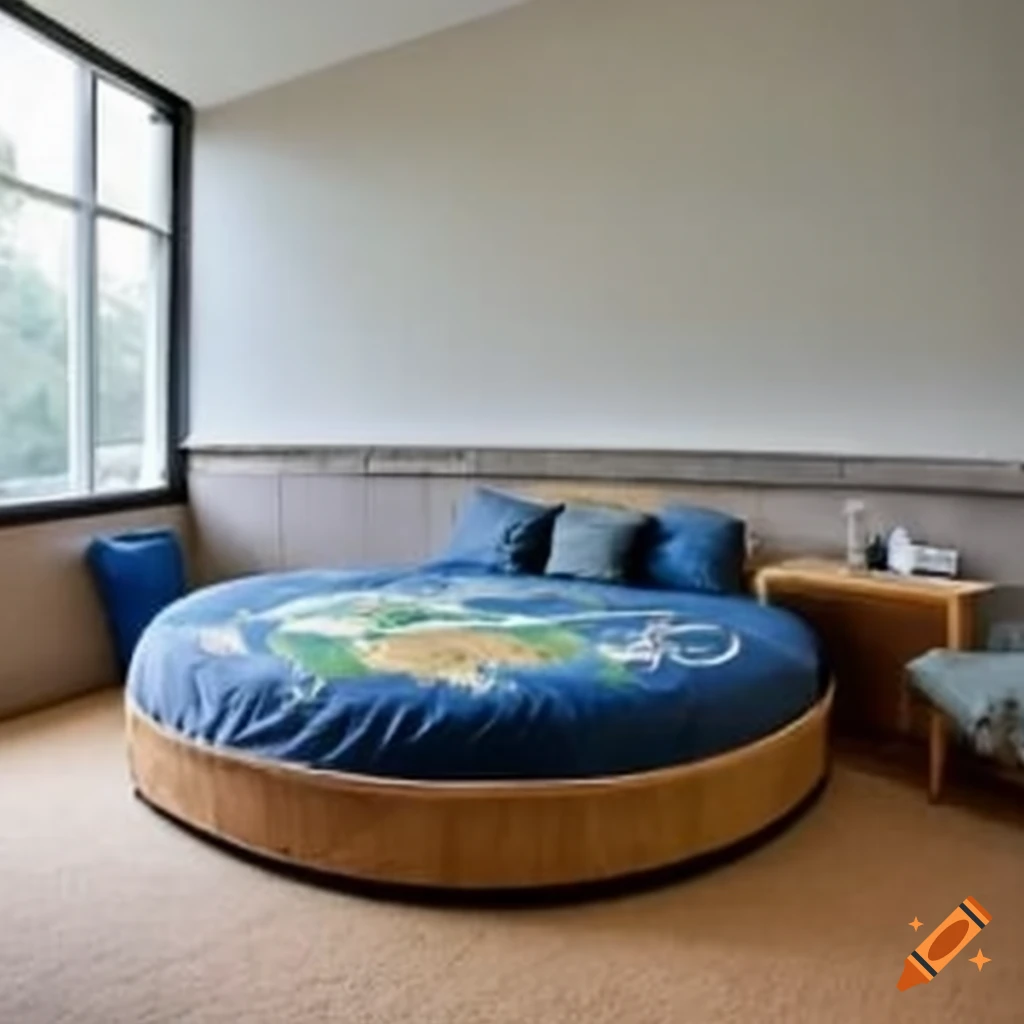 Bedroom with a round earththemed bed on Craiyon