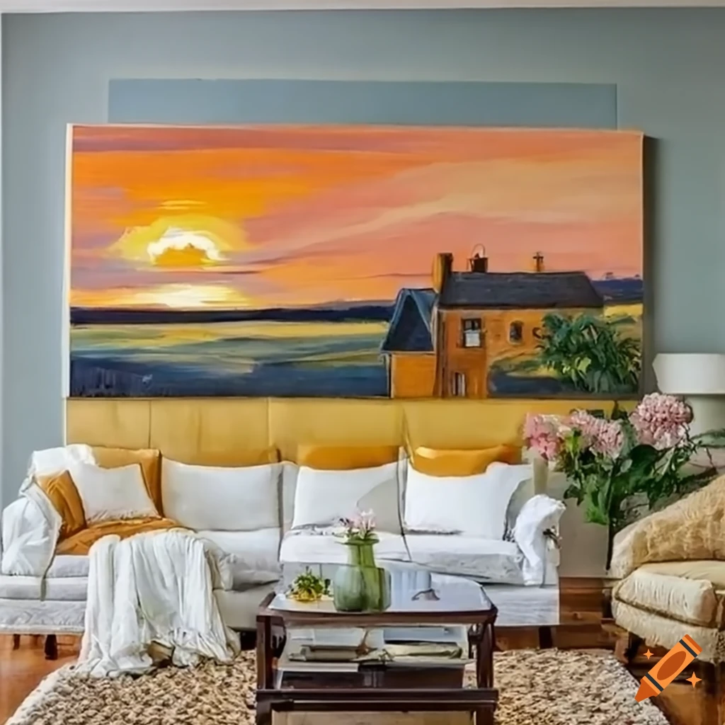 Farmhouse at sunset painting in a living room