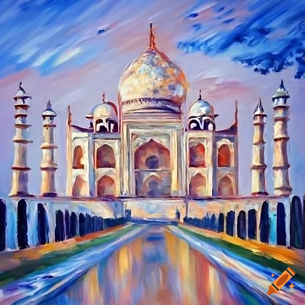 Taj Mahal depicted in Renoir style oil painting