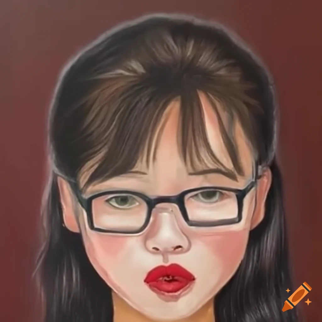 Medium dark brown hair Chinese girl with glasses and a mole near her lips