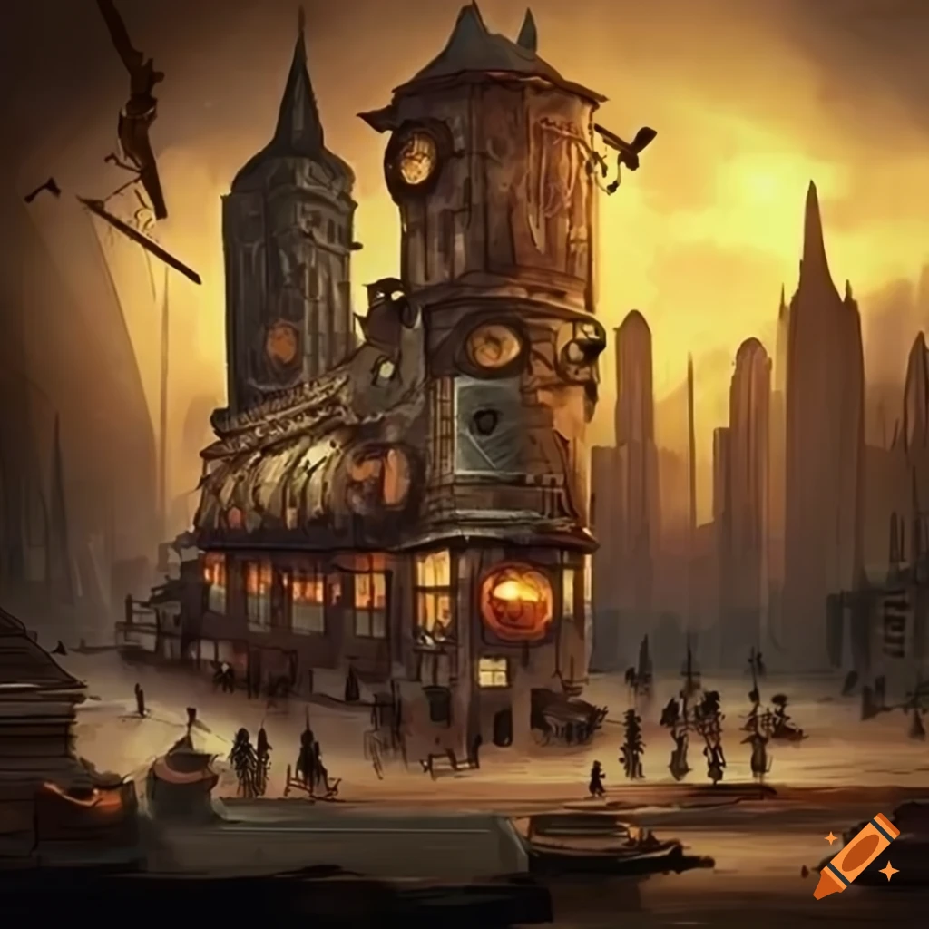 Steampunk city market concept art on Craiyon