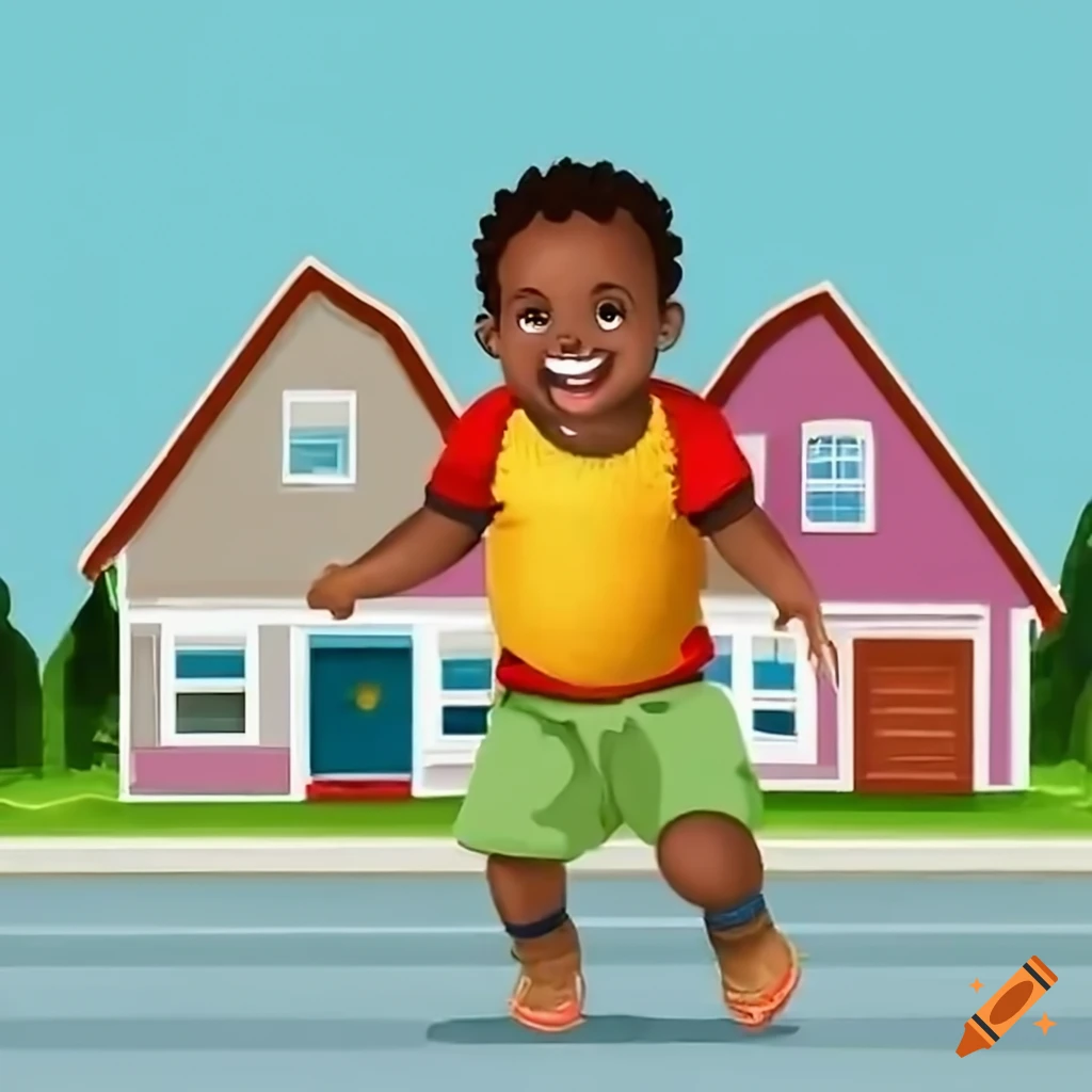 Cheerful toddler boy in colorful clothes skipping through the neighborhood