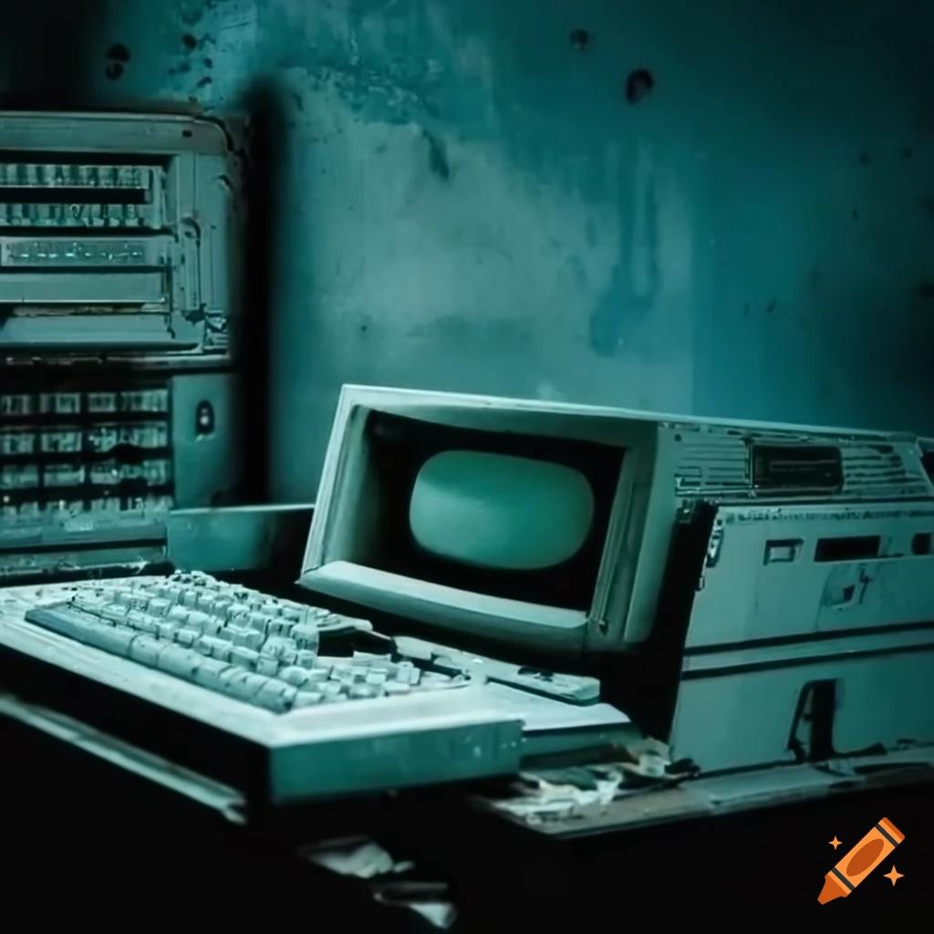 Old 70s british computer terminal in an abandoned control room on Craiyon