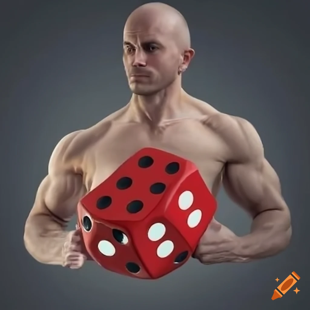 Muscular man lifting a large dice