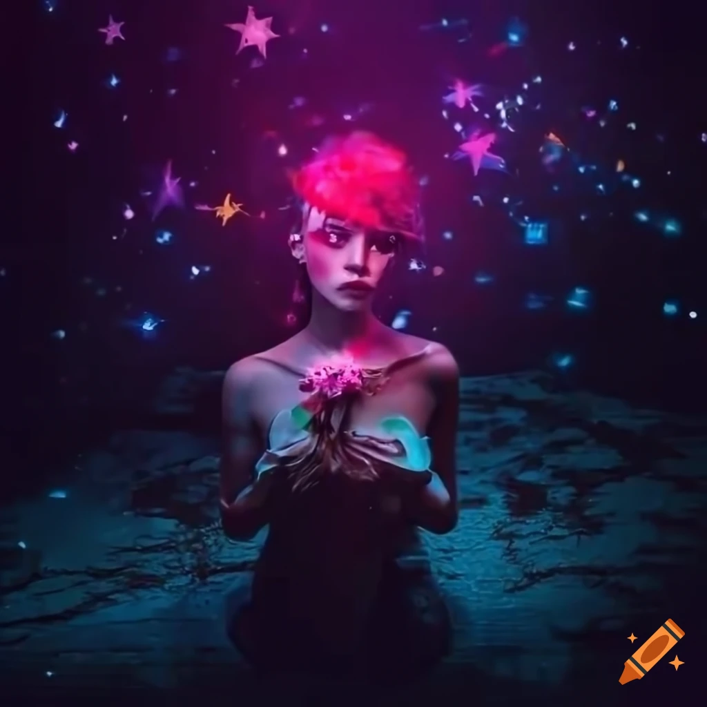 Cyberpunk girl holding bleeding flowers on foam surface with starry background