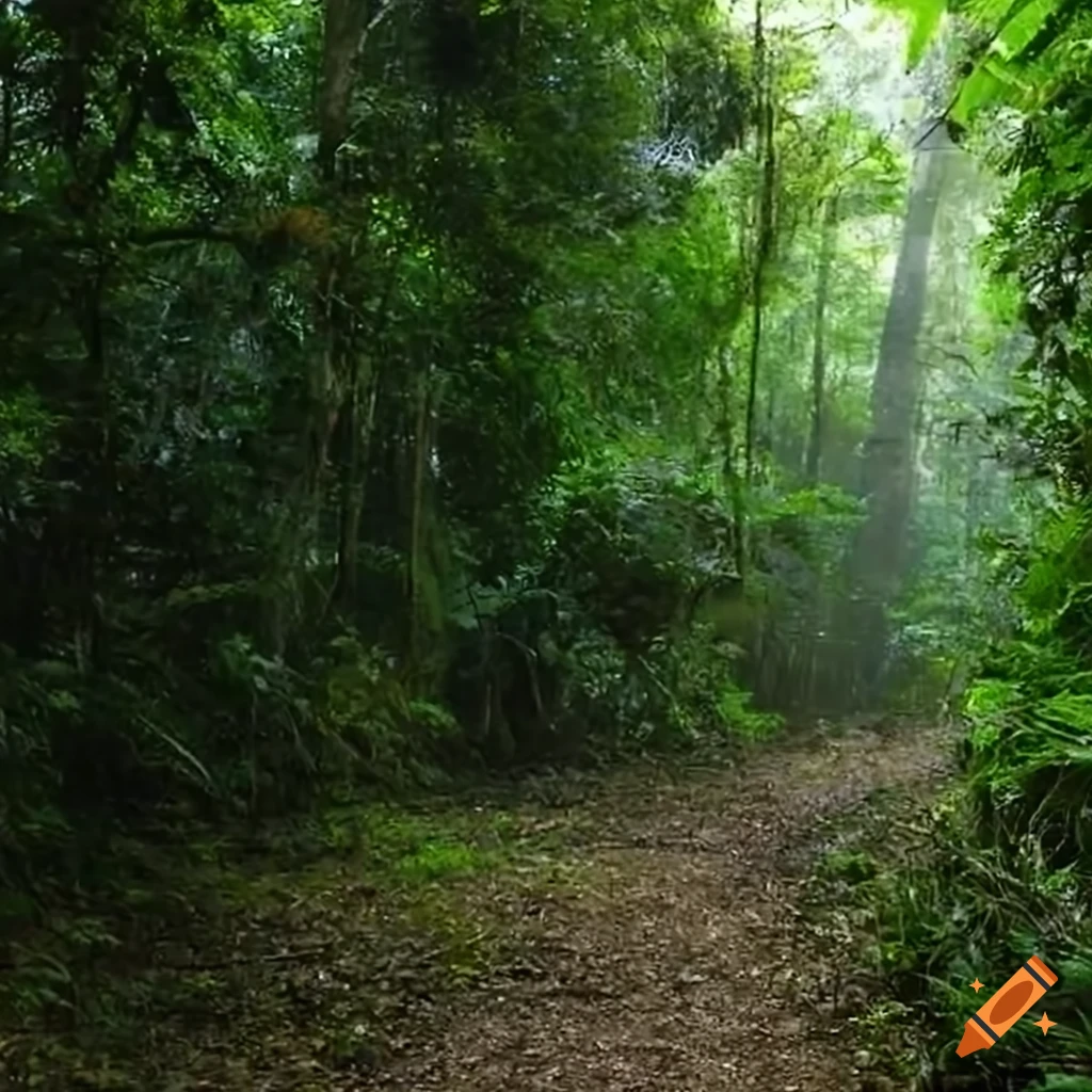 Narrow path winding through the dense Amazon rainforest on Craiyon