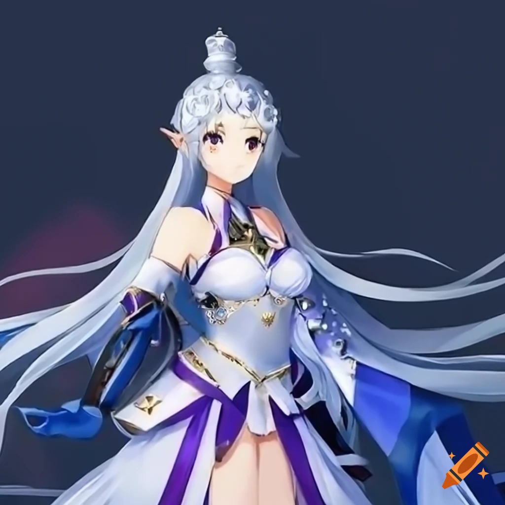Anime white-haired princess with Sumunjang royal soldier and blue moon Ifrit in a legendary golden dress