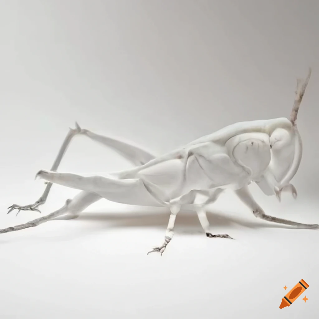 White gallery space with a marble grasshopper sculpture