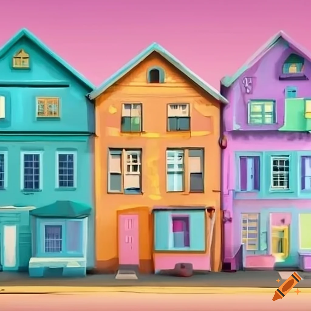 Cartoon strip of row houses with a whimsical pastel design