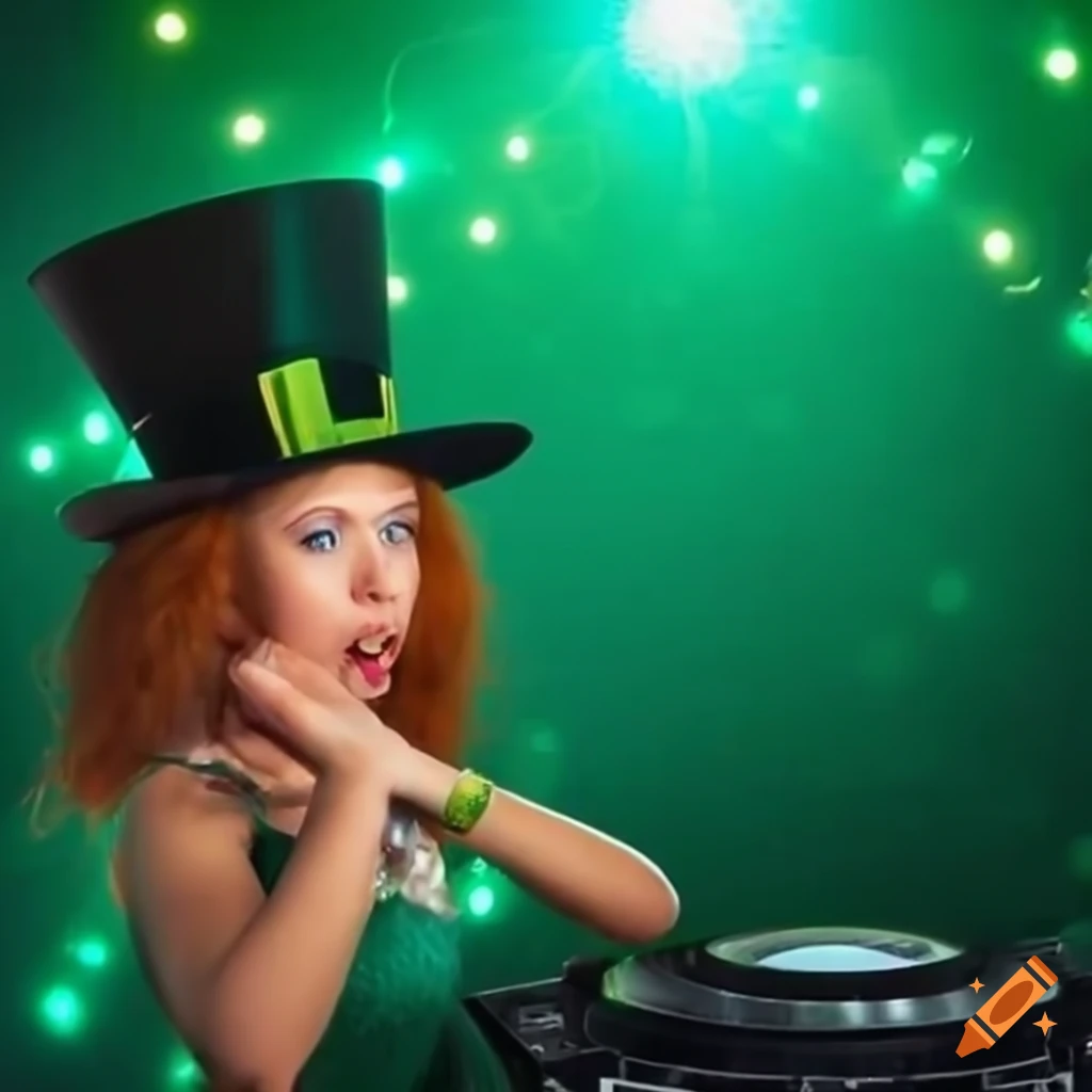 Lively leprechaun girl DJ surrounded by glowing green lights