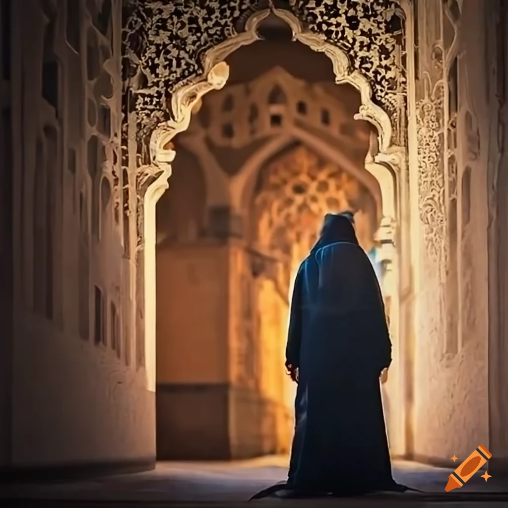 Ramadan scene with castle and people bowing