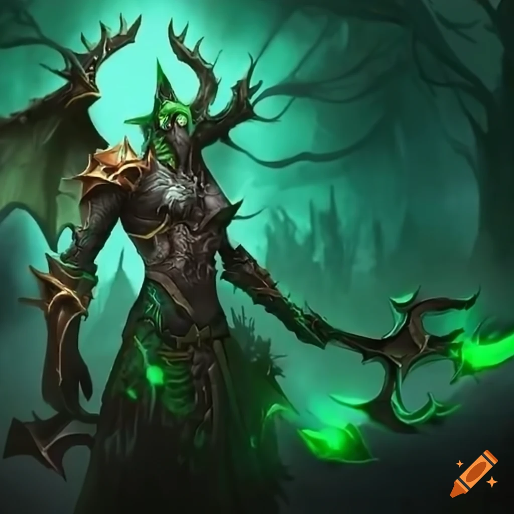 Demon hunter wielding green glowing war glaives with fallen angels in the background