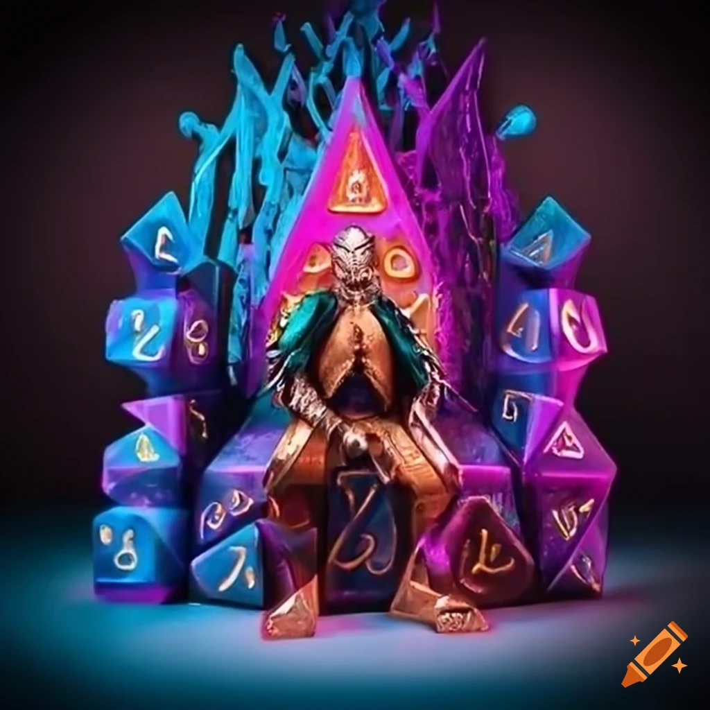 Man sitting on throne made of colorful DND dice sets