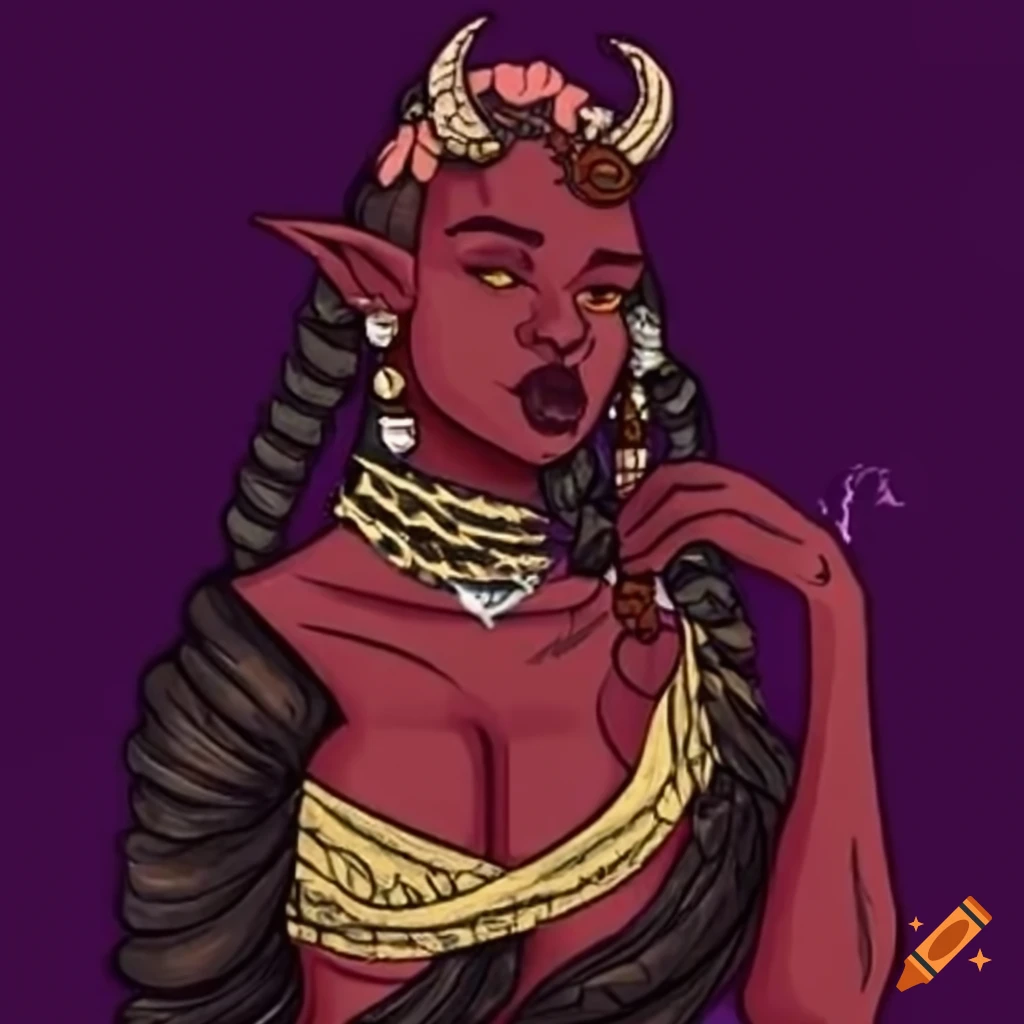 African transgender tiefling warlock woman with box braids and magical quarterstaff