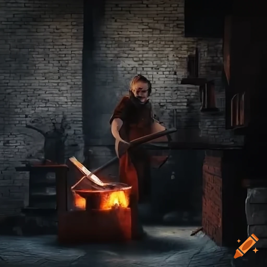 Blacksmithing forge in a white brick castle