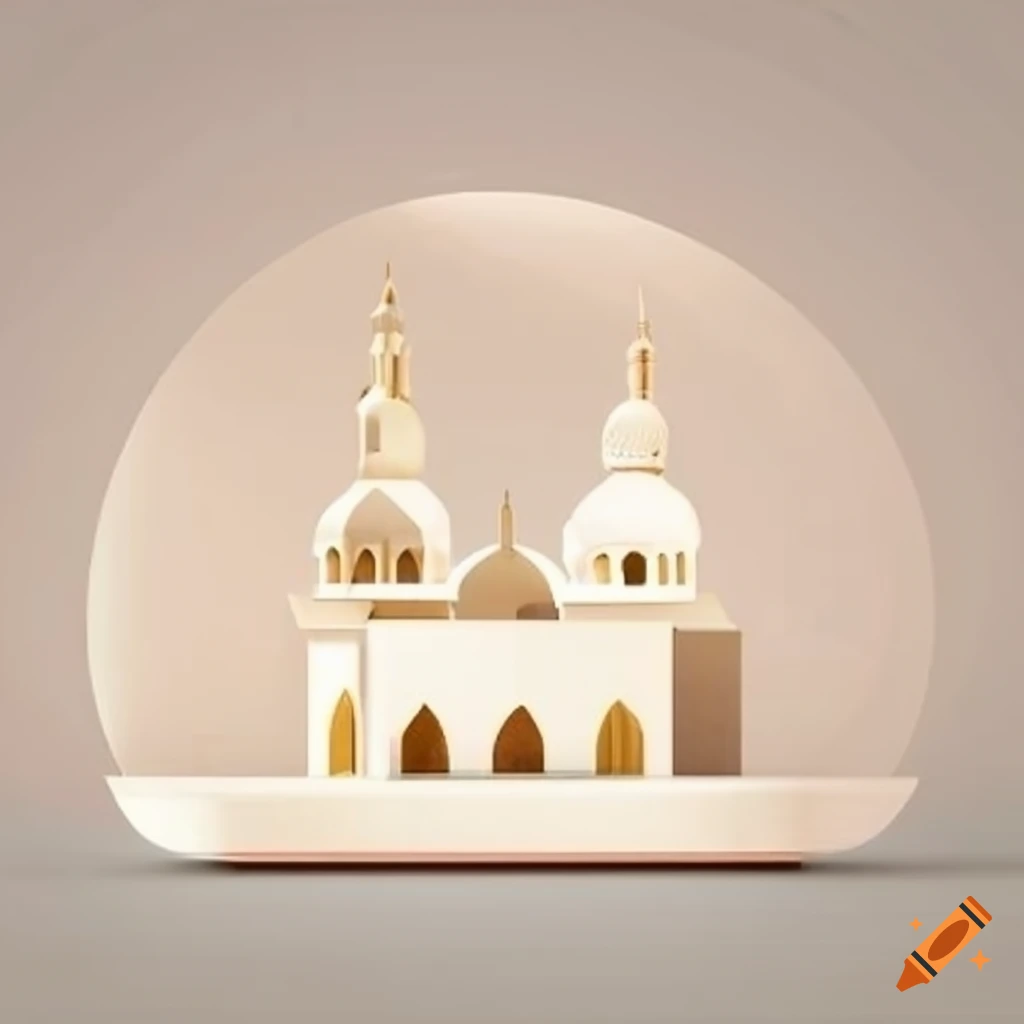 Minimalist Ramadan design featuring a cream-colored mosque and moon in 3D art