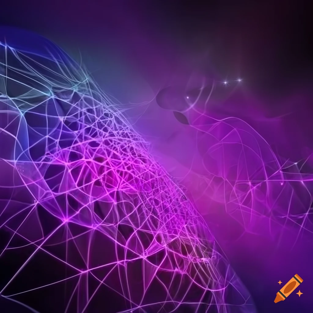 Digital abstract design of interconnected white networks with dots in purple and magenta hues