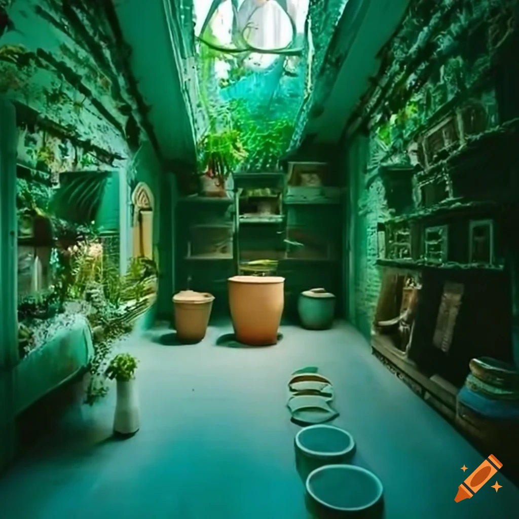 Interior of a whimsical green house with young plants in pots